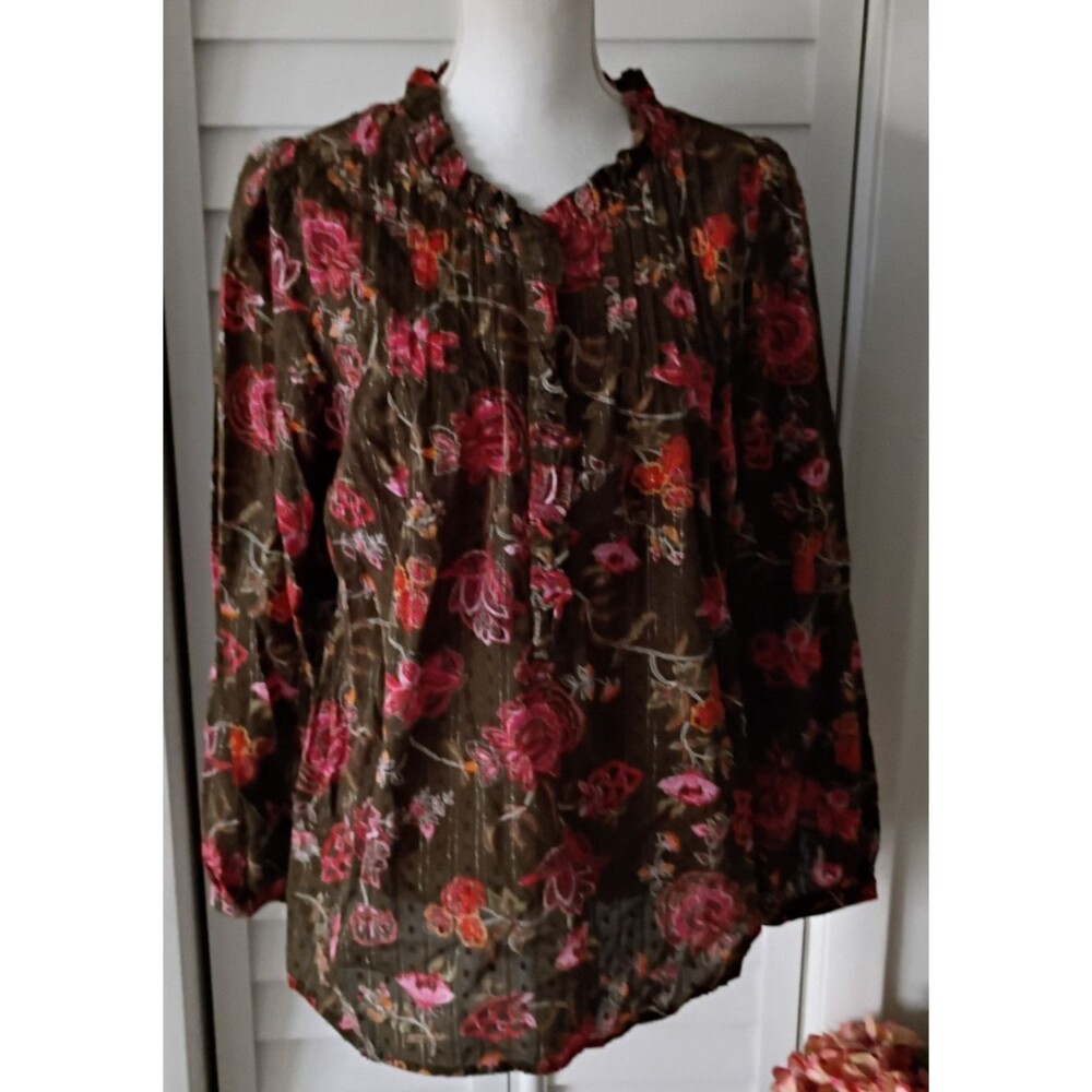 Talbots Pintuck Top - Graceful Floral long sleeve ruffled neck L